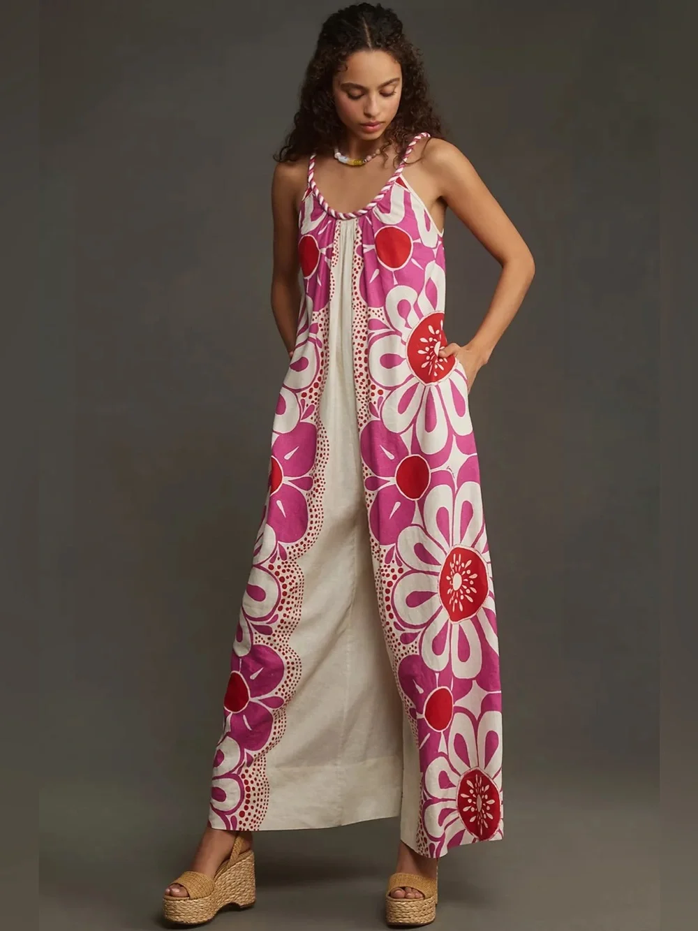 ▪️FARM Rio Maia Linen Jumpsuit Pink/Red Floral Print Size Medium - Picture 1 of 11